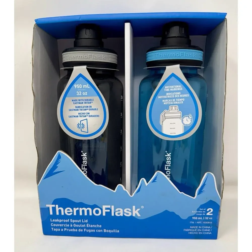 ThermoFlask 32 oz Water Bottles 2-Pack Leakproof Motivational Time Marker New
